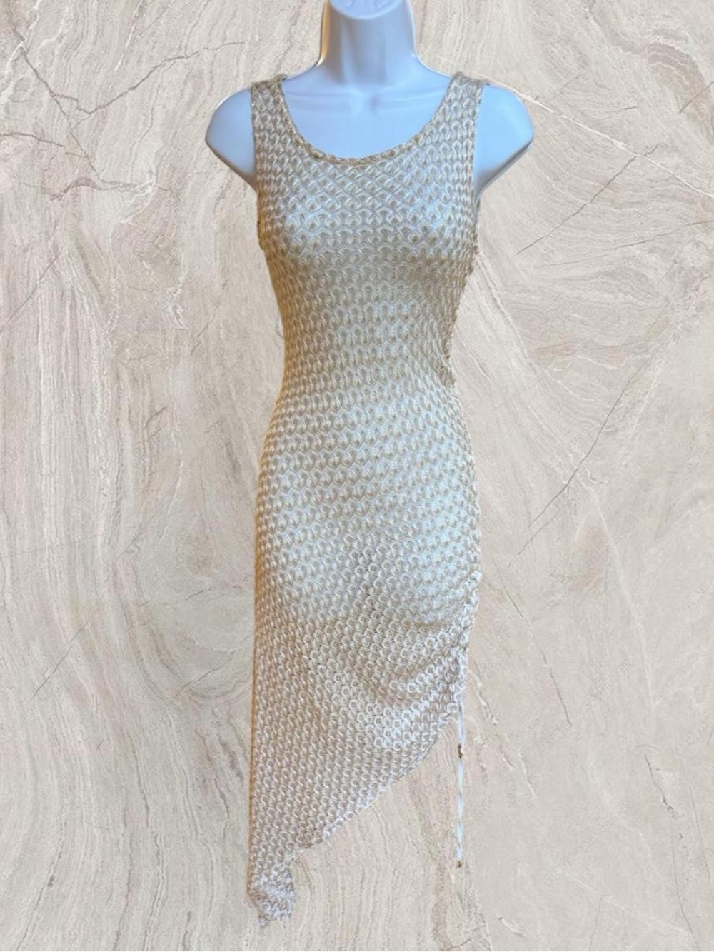 Sleeveless Asymmetric Knit Sheath Dress in Cream